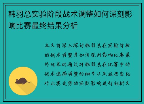 韩羽总实验阶段战术调整如何深刻影响比赛最终结果分析 韩羽总实验阶段战术调整如何深刻影响比赛最终结果分析