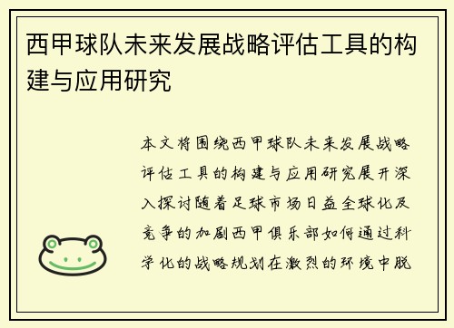 西甲球队未来发展战略评估工具的构建与应用研究 西甲球队未来发展战略评估工具的构建与应用研究