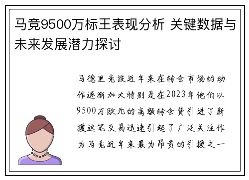 马竞9500万标王表现分析 关键数据与未来发展潜力探讨 马竞9500万标王表现分析 关键数据与未来发展潜力探讨