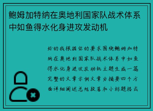 鲍姆加特纳在奥地利国家队战术体系中如鱼得水化身进攻发动机 鲍姆加特纳在奥地利国家队战术体系中如鱼得水化身进攻发动机